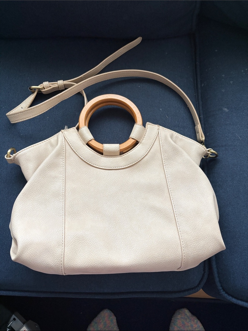Anthropologie Cream Pebbled Leather Shoulder Bag with Wooden Ring Handles